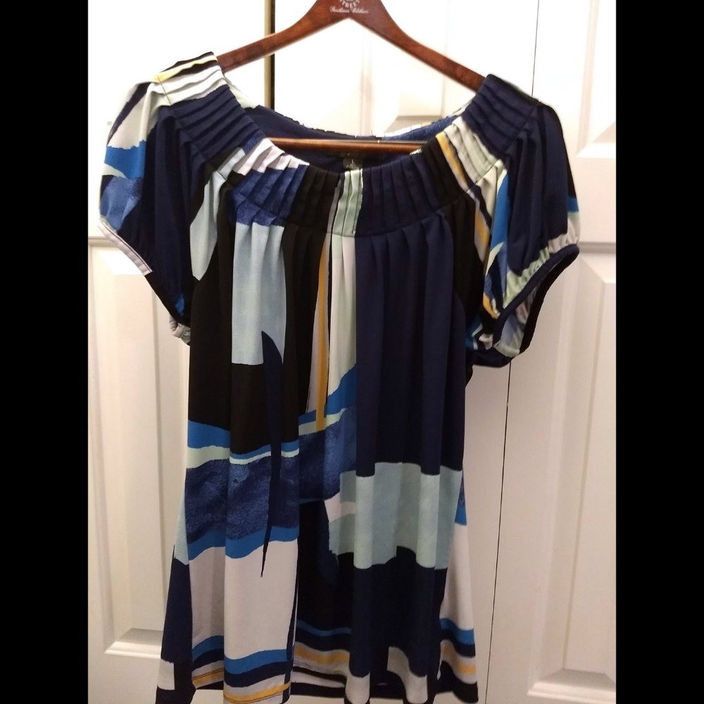 Blue & Black Print Short Sleeve Blouse